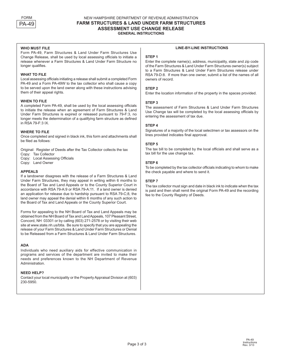 Form PA-49 Farm Structures  Land Under Farm Structures Assessment Use Change Release - New Hampshire, Page 3