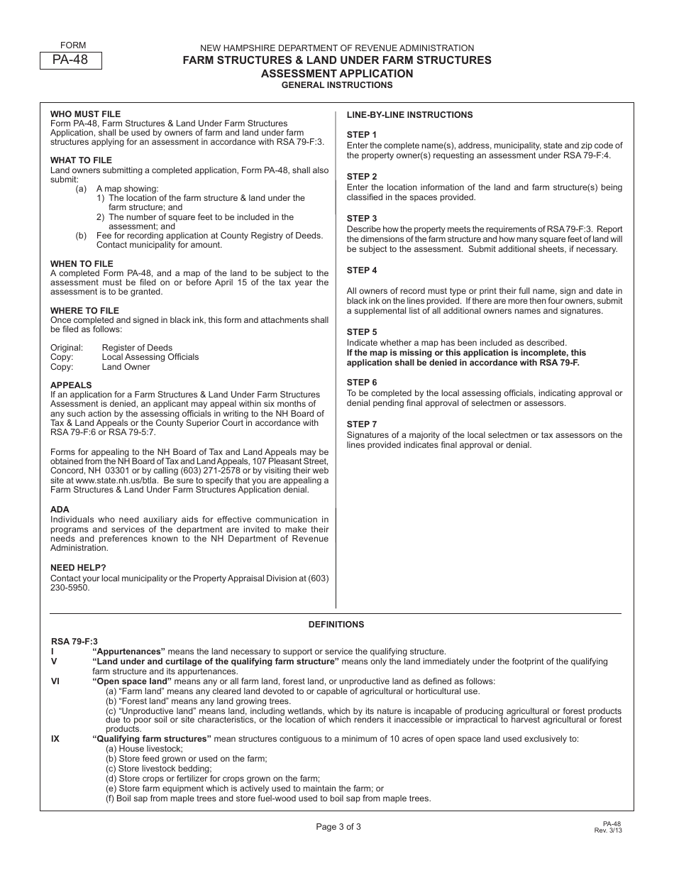 Form PA-48 Farm Structures  Land Under Farm Structures Assessment Application - New Hampshire, Page 3