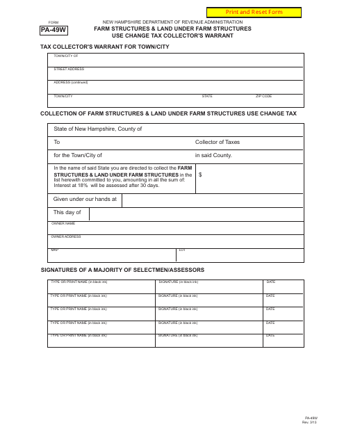 Form PA-49W Farm Structures and Land Under Farm Structures Use Change - Tax Collector's Warrant - New Hampshire