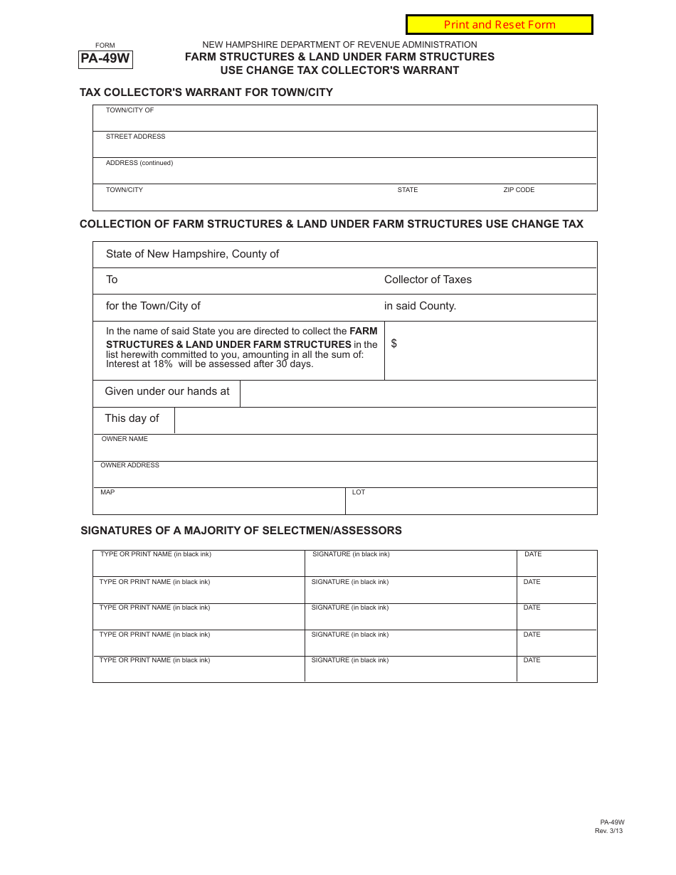 Form PA-49W Farm Structures and Land Under Farm Structures Use Change - Tax Collectors Warrant - New Hampshire, Page 1