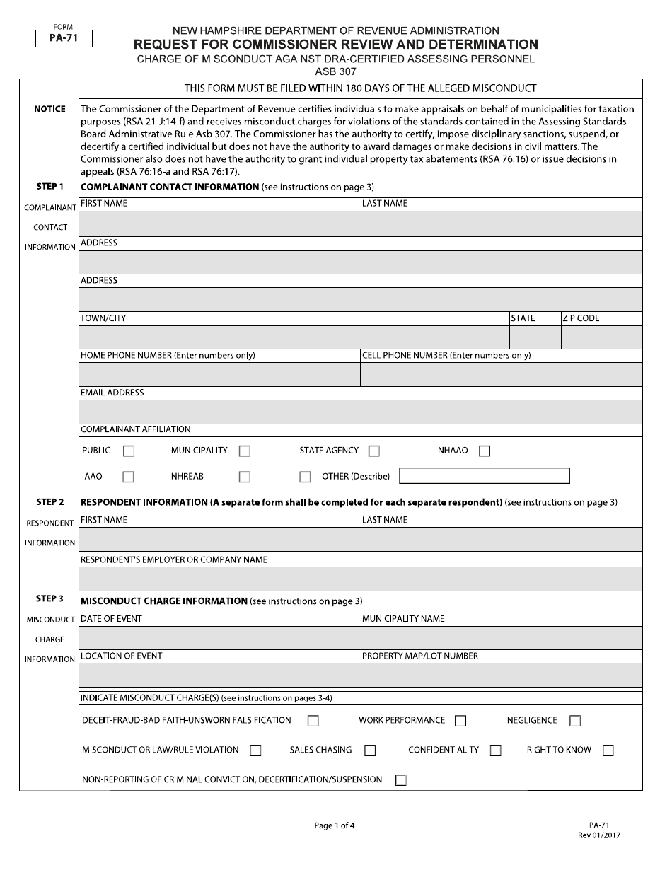 Form PA-71 Request for Commissioner Review and Determination - New Hampshire, Page 1