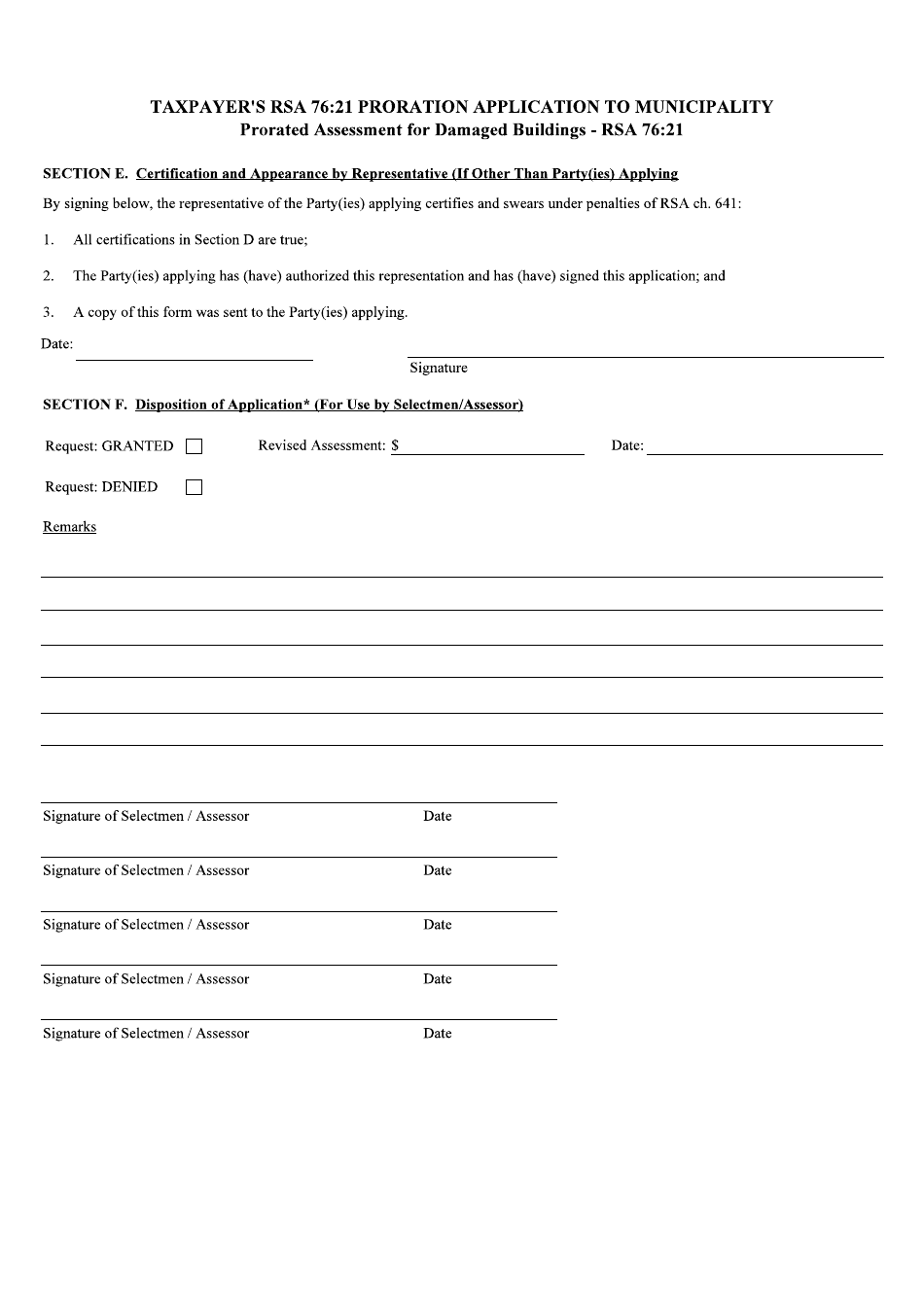 Rsa 76:21 Proration Application to Municipality - Prorated Assessment for Damaged Buildings - New Hampshire, Page 2