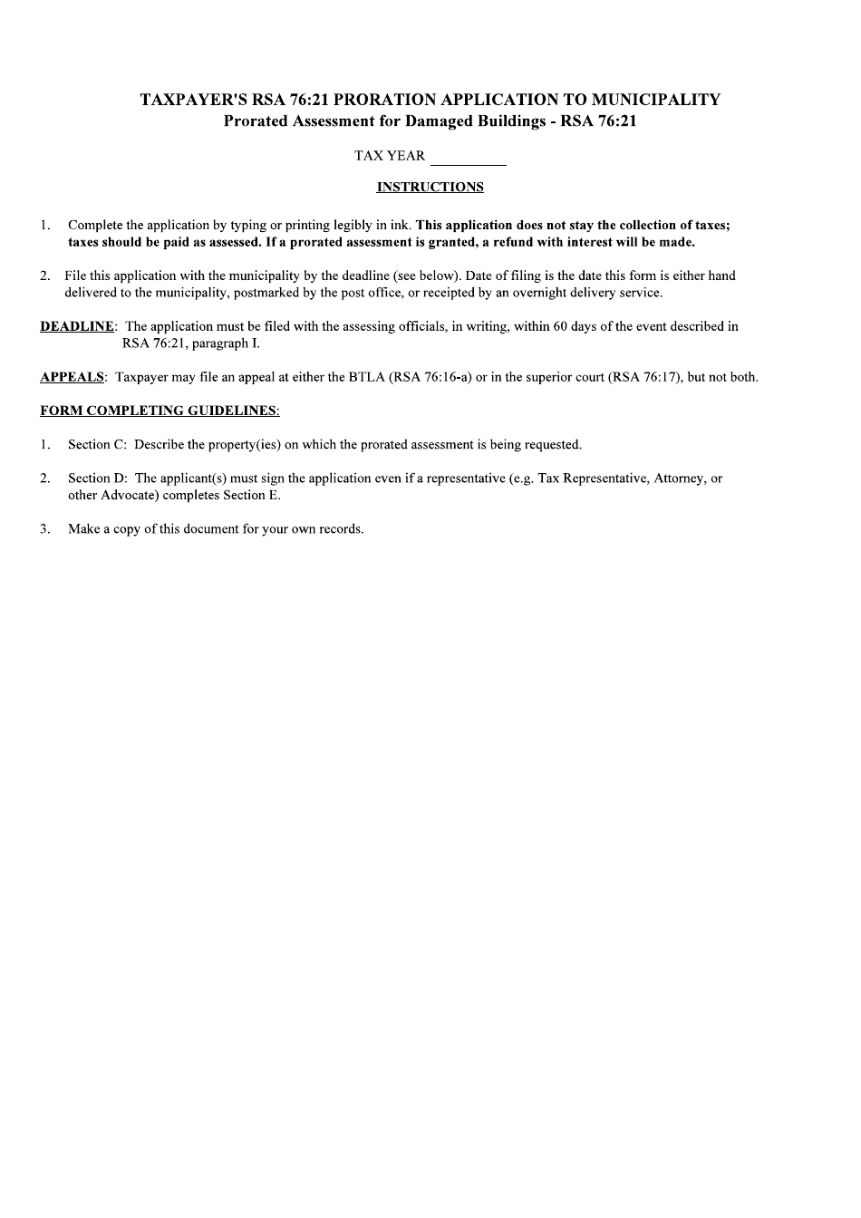 Rsa 76:21 Proration Application to Municipality - Prorated Assessment for Damaged Buildings - New Hampshire, Page 3