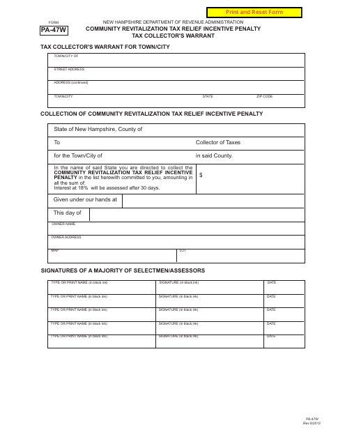 Form PA-47W Community Revitalization Tax Relief Incentive Penalty - Tax Collector's Warrant - New Hampshire