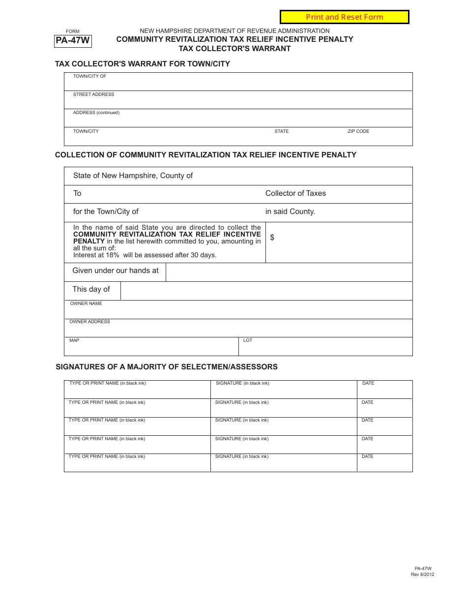 Form PA-47W Community Revitalization Tax Relief Incentive Penalty - Tax Collectors Warrant - New Hampshire, Page 1