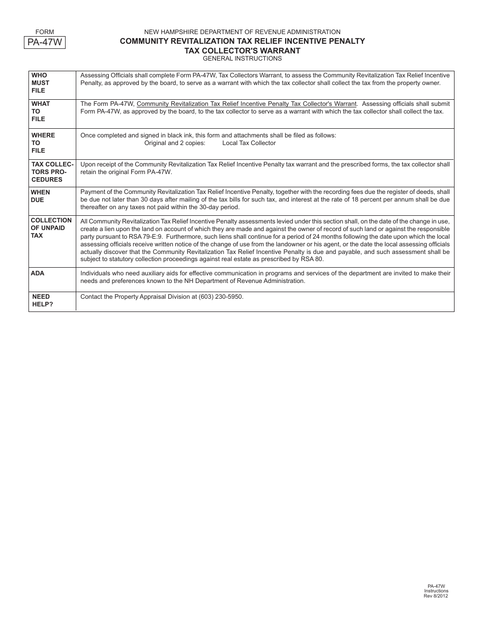 Form PA-47W Community Revitalization Tax Relief Incentive Penalty - Tax Collectors Warrant - New Hampshire, Page 2