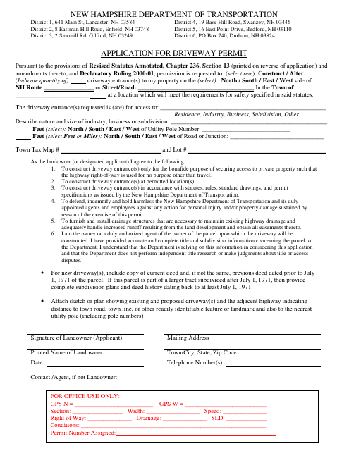 Application for Driveway Permit - New Hampshire Download Pdf