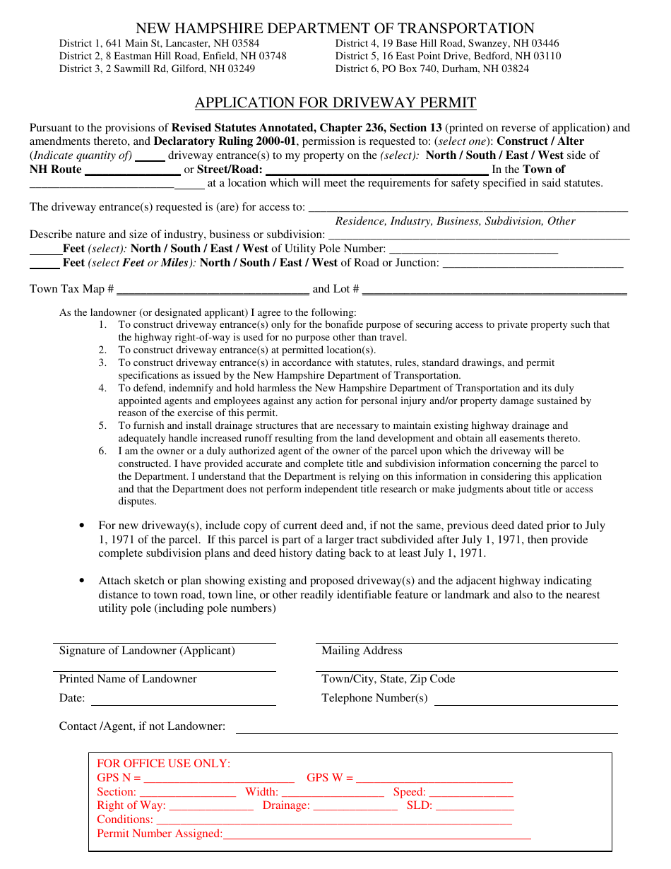 Application for Driveway Permit - New Hampshire, Page 1