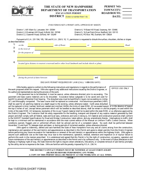Excavation Permit (Short Form) - New Hampshire Download Pdf