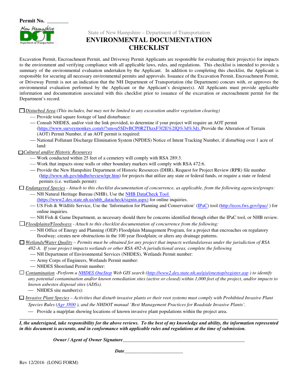 Environmental Documentation Checklist (Long Form) - New Hampshire, Page 1