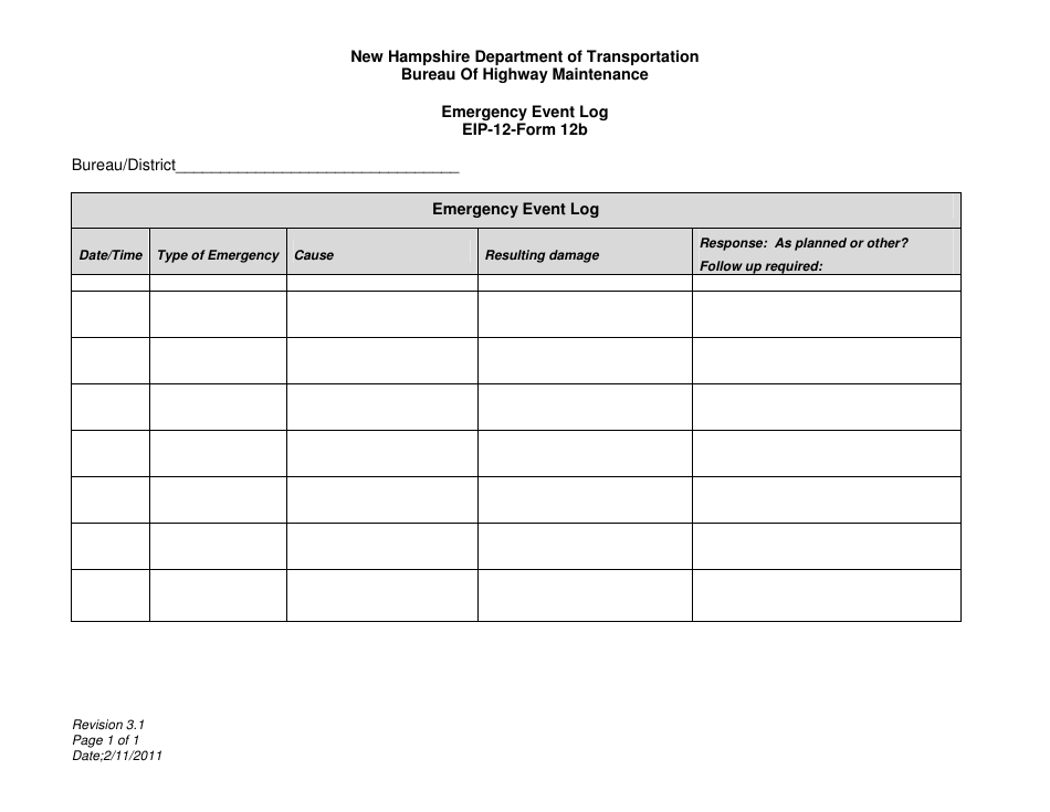 EIP- Form 12B Emergency Event Log - New Hampshire, Page 1