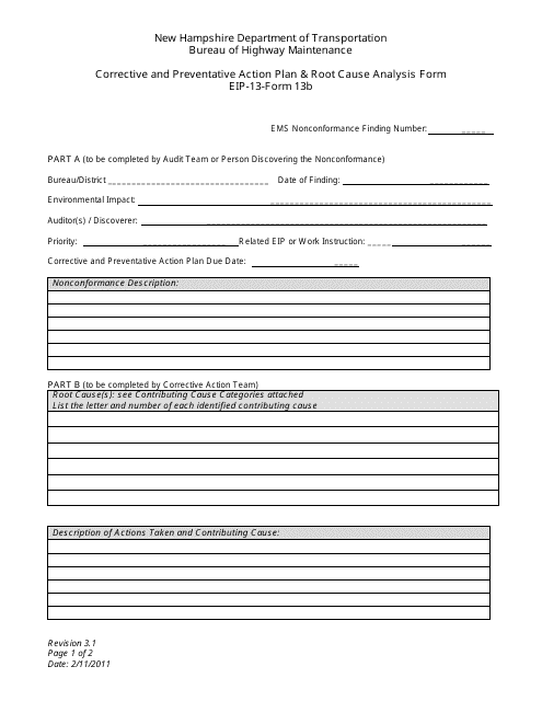 EIP- Form 13B Corrective and Preventative Action Plan & Root Cause Analysis Form - New Hampshire