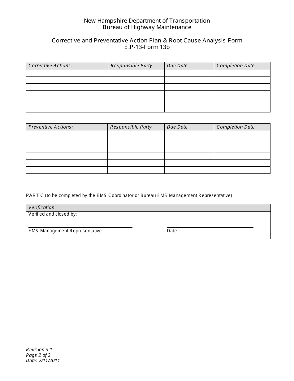 EIP- Form 13B Corrective and Preventative Action Plan  Root Cause Analysis Form - New Hampshire, Page 2