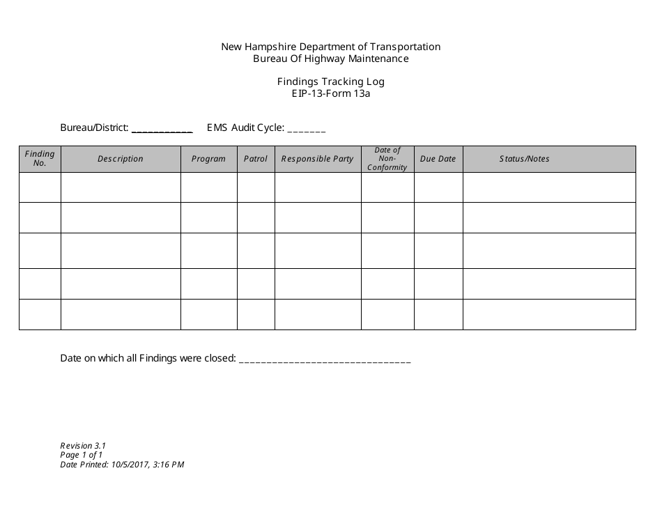 EIP- Form 13A Findings Tracking Log - New Hampshire, Page 1