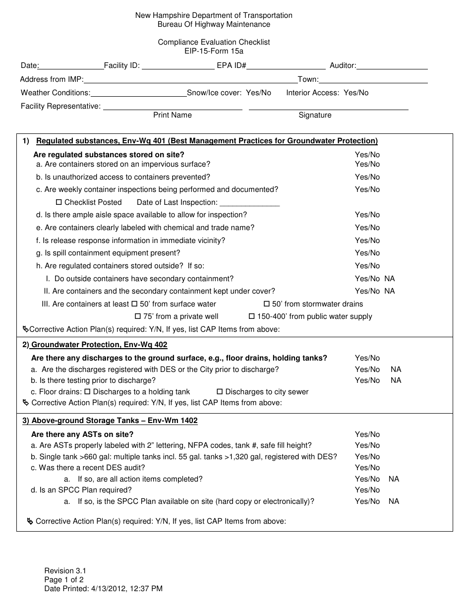 EIP- Form 15A Compliance Evaluation Checklist - New Hampshire, Page 1