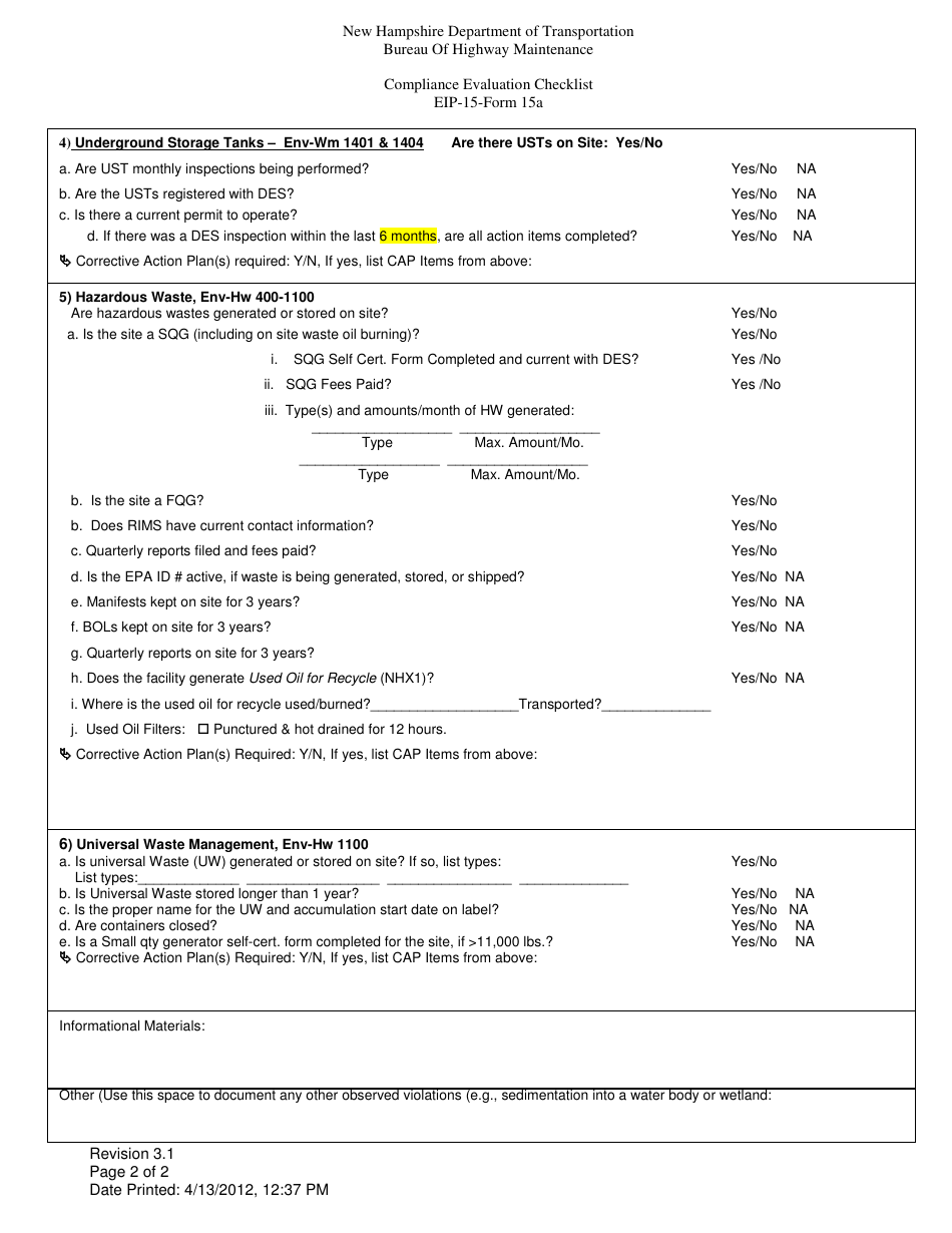 EIP- Form 15A Compliance Evaluation Checklist - New Hampshire, Page 2