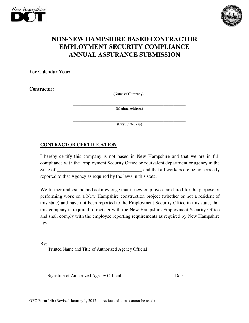 OFC Form 14B Non-new Hampshire Based Contractor Employment Security Compliance Annual Assurance Submission - New Hampshire, Page 1