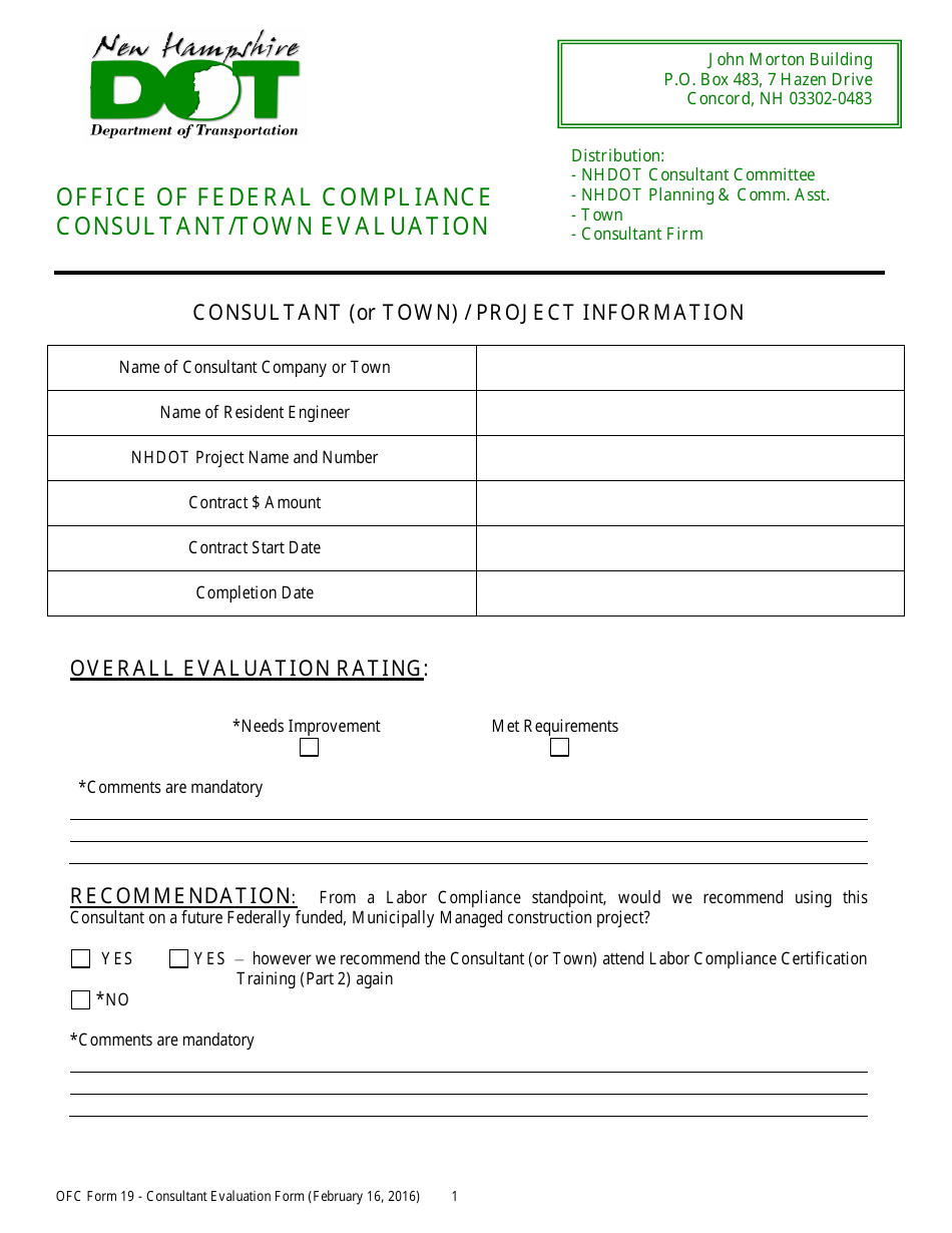 OFC Form 19 Consultant (Or Town) / Project Information - New Hampshire, Page 1