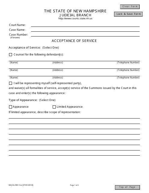 Form NHJB-2961-SE Acceptance of Service - New Hampshire