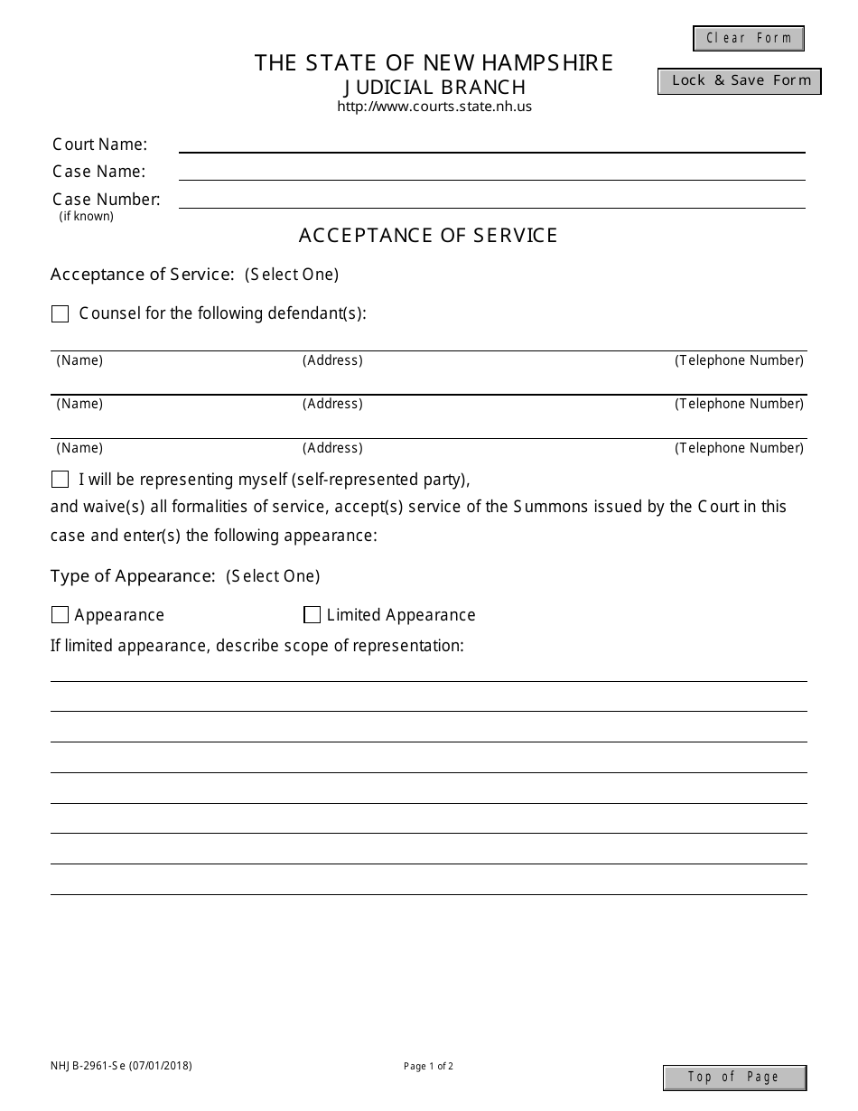 Form NHJB-2961-SE Acceptance of Service - New Hampshire, Page 1