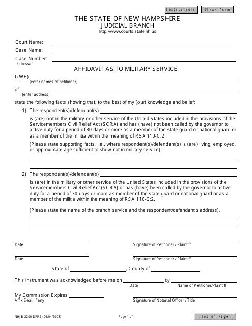 Form NHJB-2200-DFPS Affidavit as to Military Service - New Hampshire