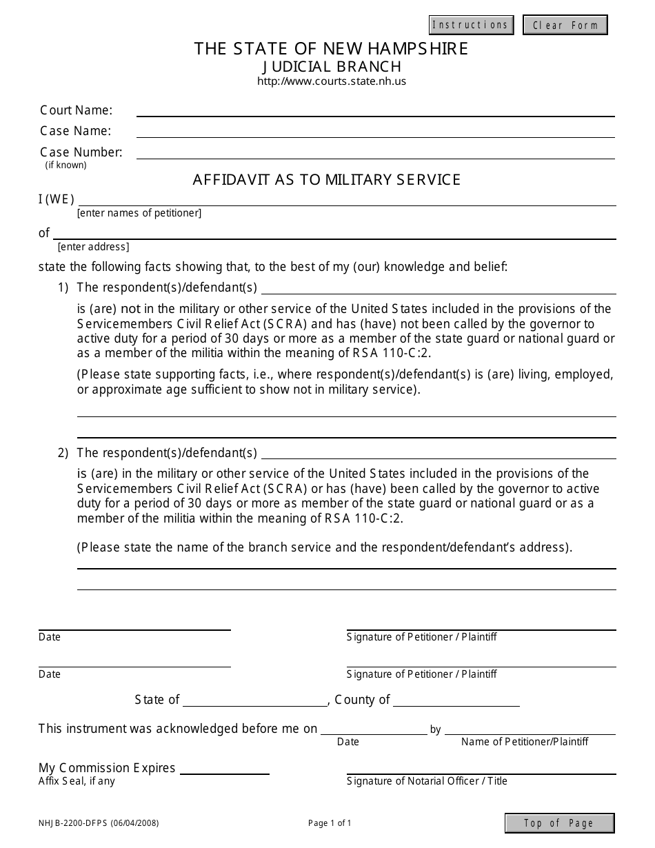 Form NHJB-2200-DFPS Affidavit as to Military Service - New Hampshire, Page 1