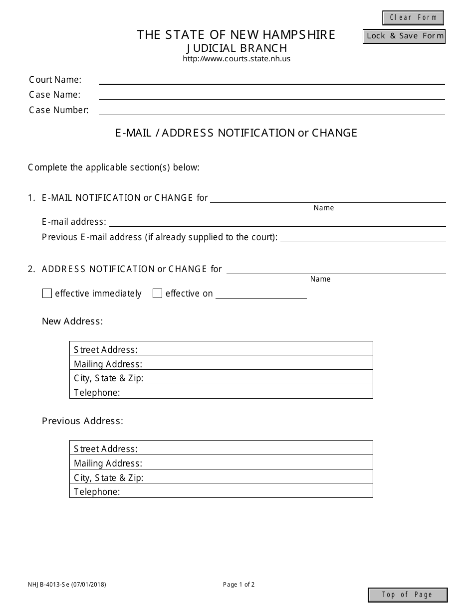 Form NHJB-4013-SE E-Mail / Address Notification or Change - New Hampshire, Page 1