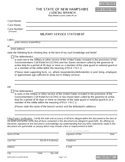 Form NHJB-4015-SE Military Service Statement - New Hampshire