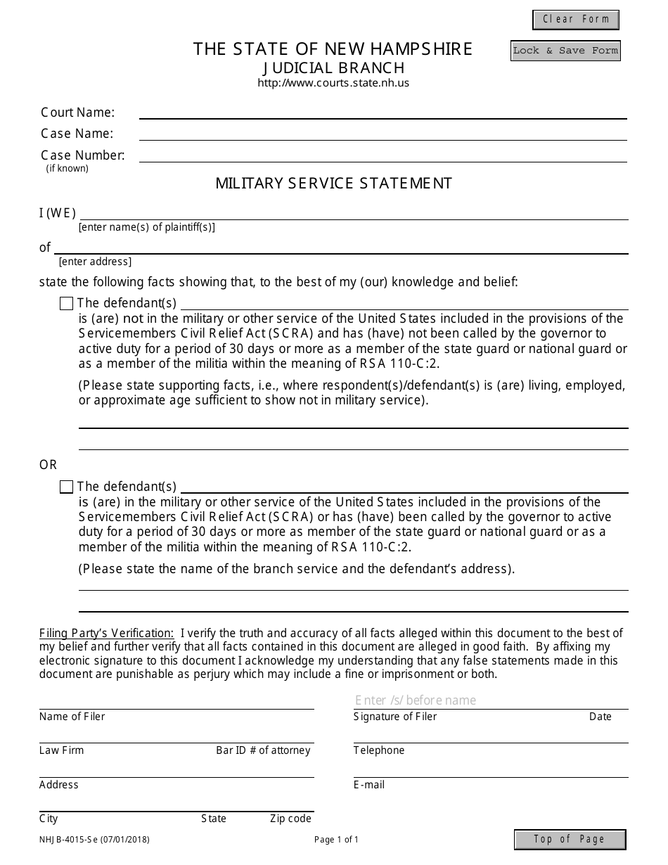 Form NHJB-4015-SE Military Service Statement - New Hampshire, Page 1