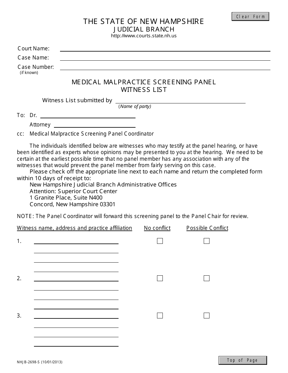 Form NHJB-2698-S Medical Malpractice Screening Panel Witness List - New Hampshire, Page 1