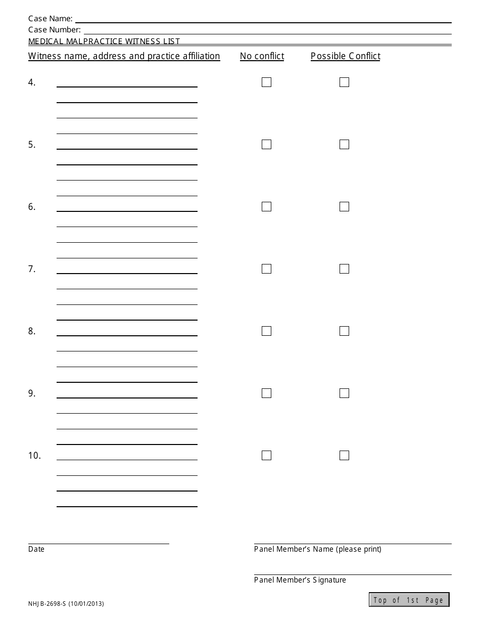 Form NHJB-2698-S Medical Malpractice Screening Panel Witness List - New Hampshire, Page 2