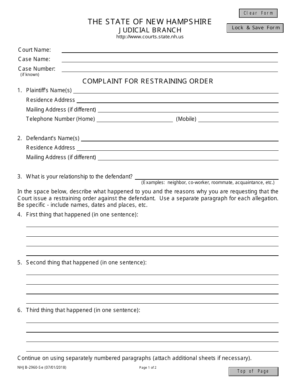 Form NHJB-2960-SE Complaint for Restraining Order - New Hampshire, Page 1