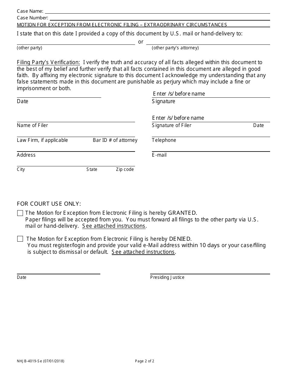 Form NHJB-4019-SE Motion for Exception From Electronic Filing Due to Extraordinary Circumstances - New Hampshire, Page 2