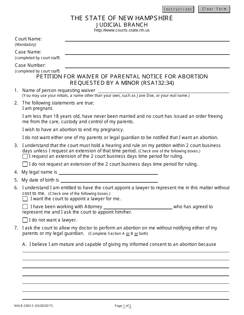 Form NHJB-2383-S Petition for Waiver of Parental Notice for Abortion Requested by a Minor - New Hampshire, Page 1
