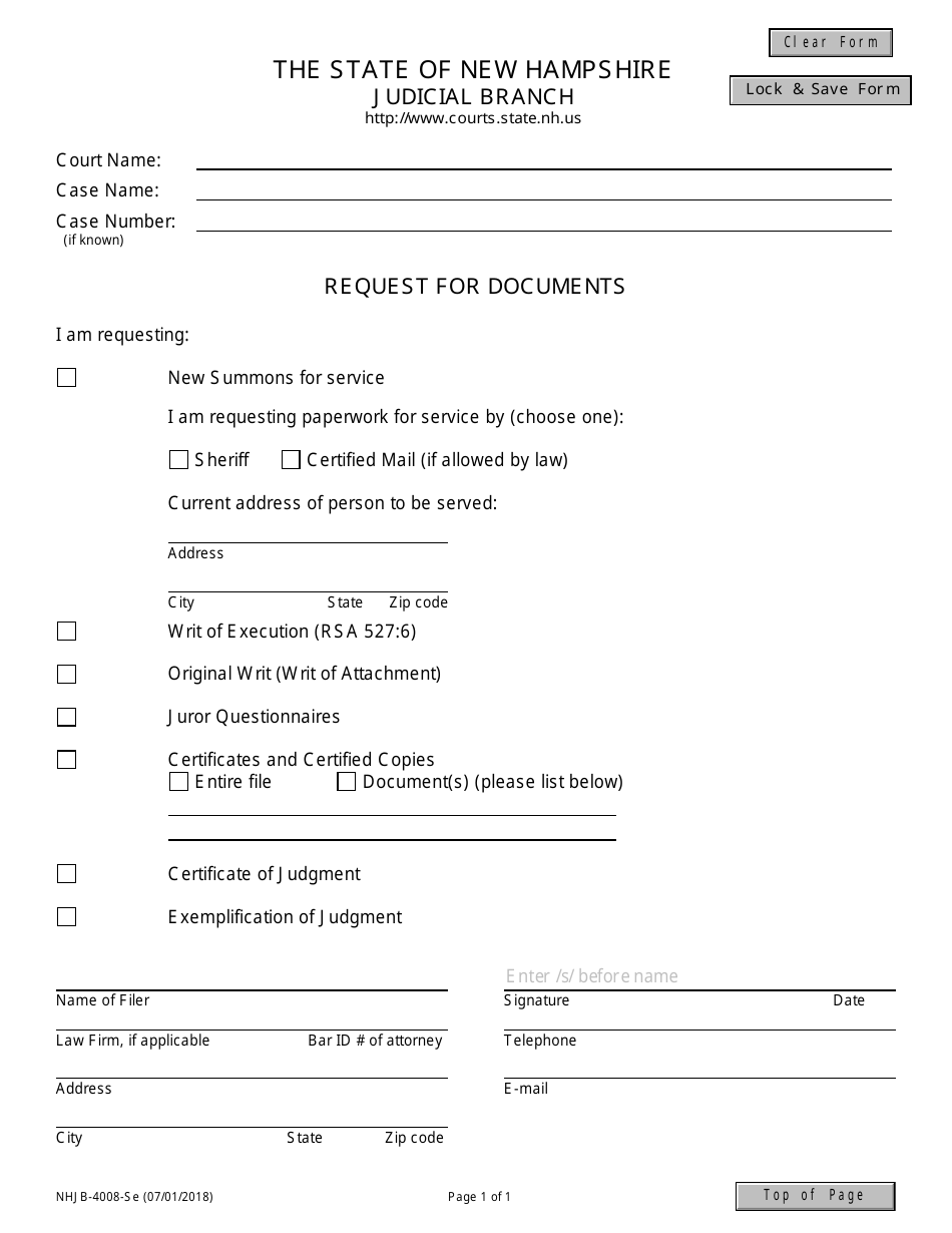 Form NHJB-4008-SE Request for Documents - New Hampshire, Page 1
