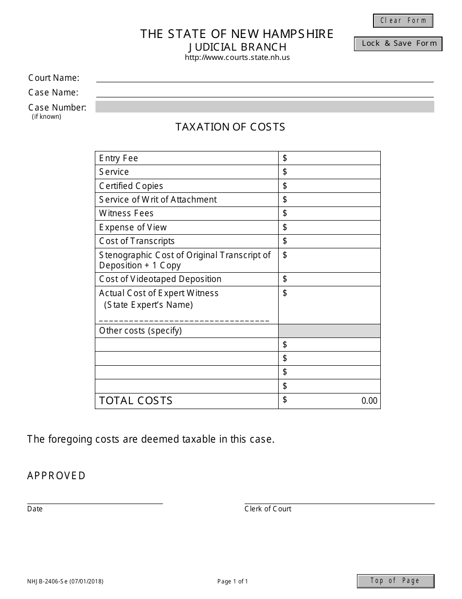 Form NHJB-2406-SE Taxation of Costs - New Hampshire, Page 1