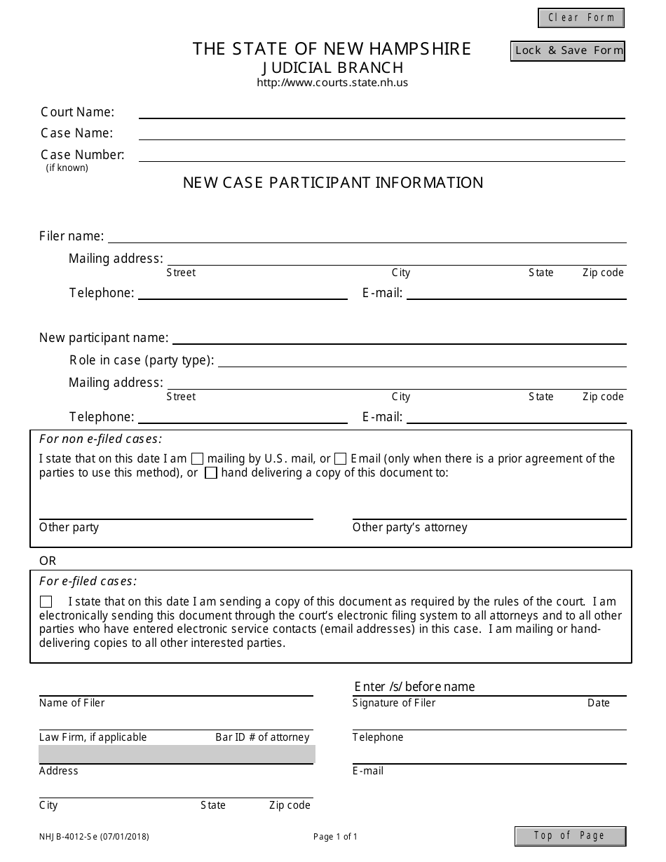 Form NHJB-4012-SE New Case Participant Information - New Hampshire, Page 1