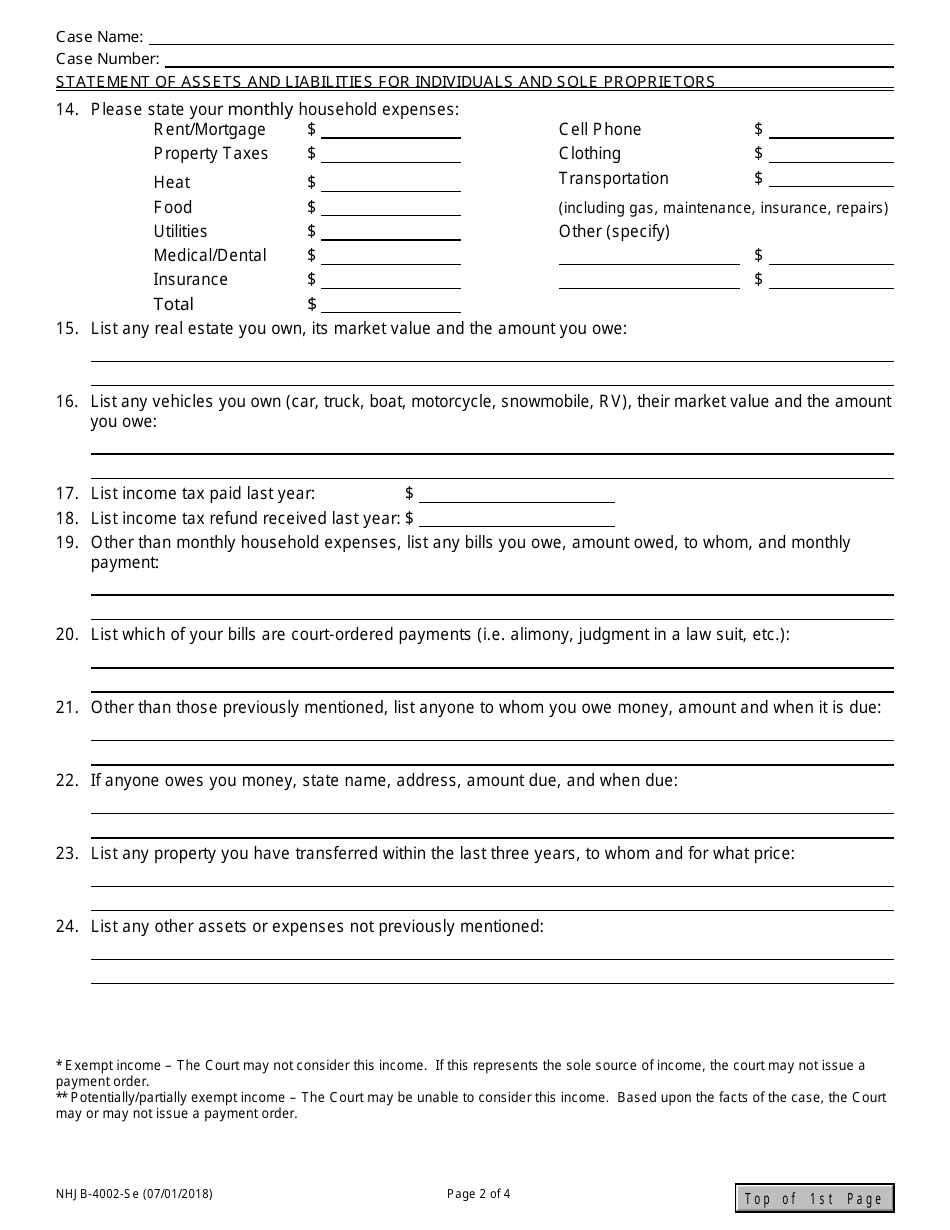 Form NHJB-4002-SE Statement of Assets and Liabilities for Individuals and Sole Proprietors - New Hampshire, Page 2