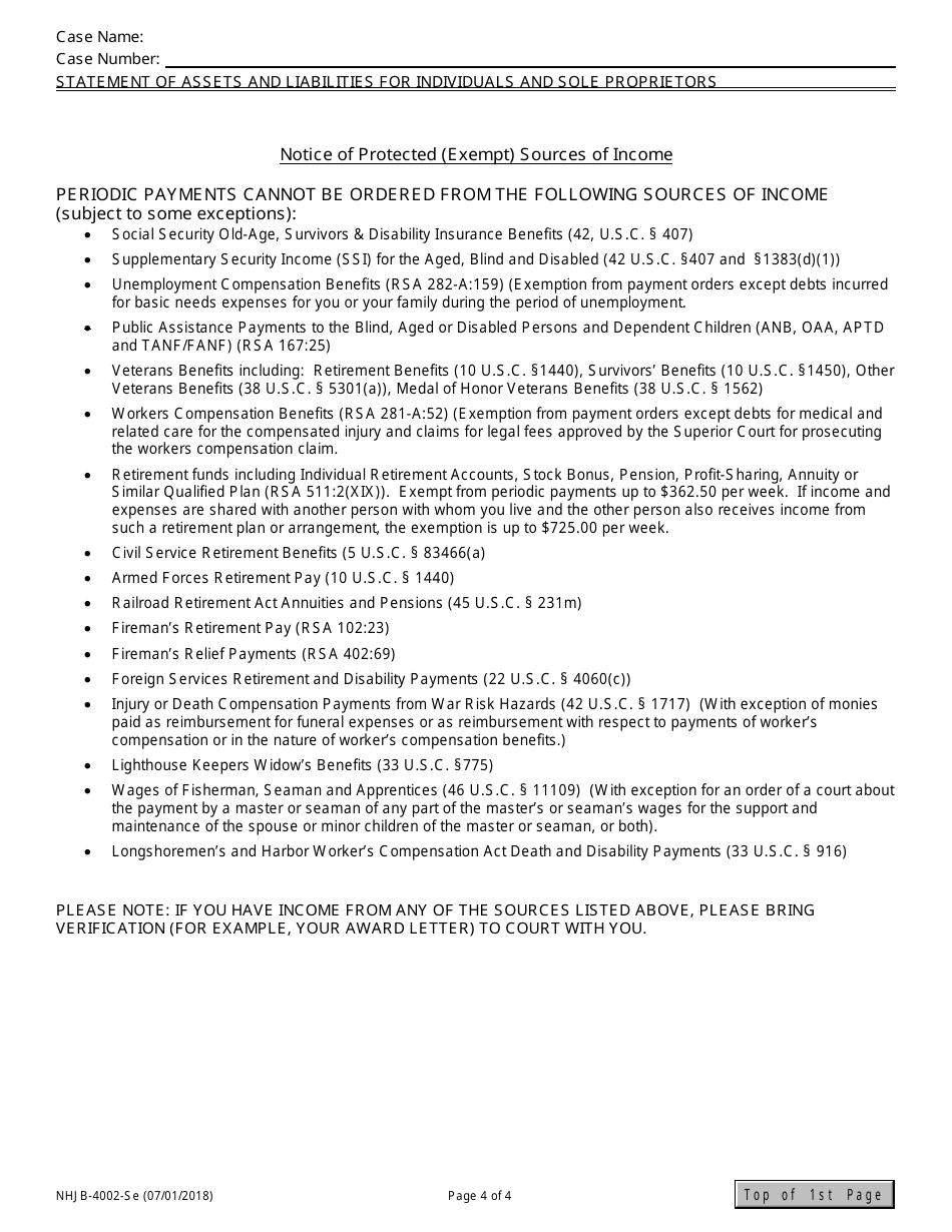 Form NHJB-4002-SE Statement of Assets and Liabilities for Individuals and Sole Proprietors - New Hampshire, Page 4