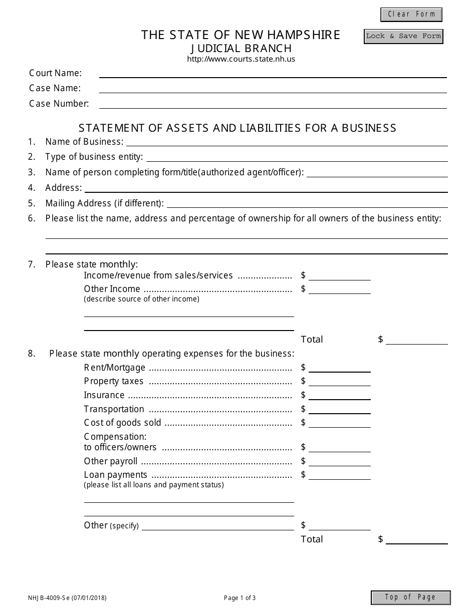 Form NHJB-4009-SE Statement of Assets and Liabilities for a Business - New Hampshire, Page 1