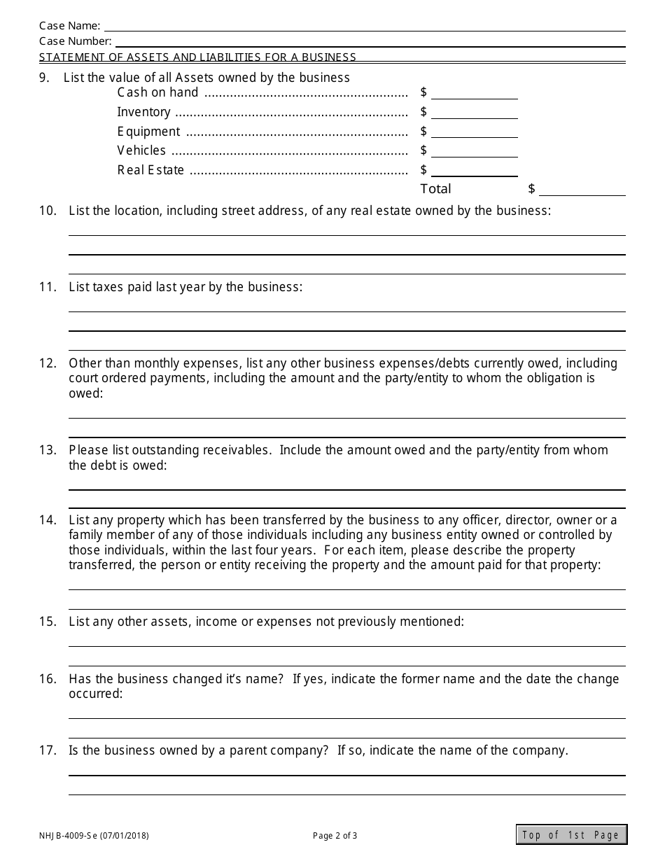 Form NHJB-4009-SE Statement of Assets and Liabilities for a Business - New Hampshire, Page 2