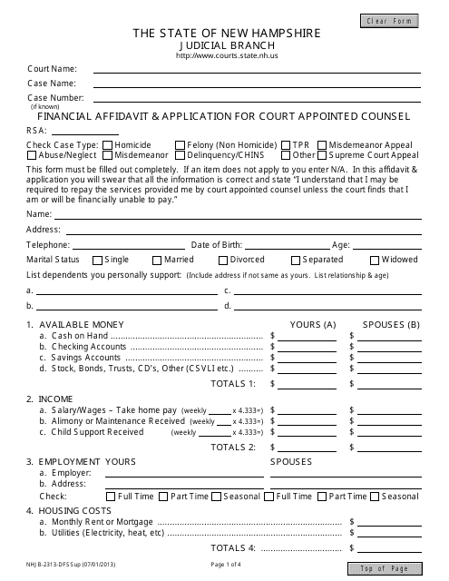 Form NHJB-2313-DF Financial Affidavit & Application for Court Appointed Counsel - New Hampshire