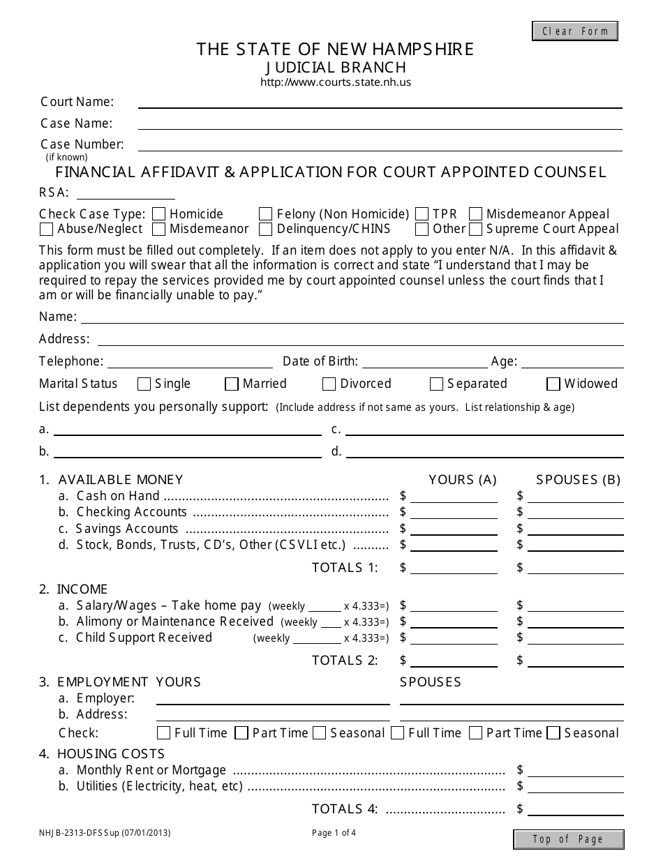 Form NHJB-2313-DF Financial Affidavit  Application for Court Appointed Counsel - New Hampshire, Page 1
