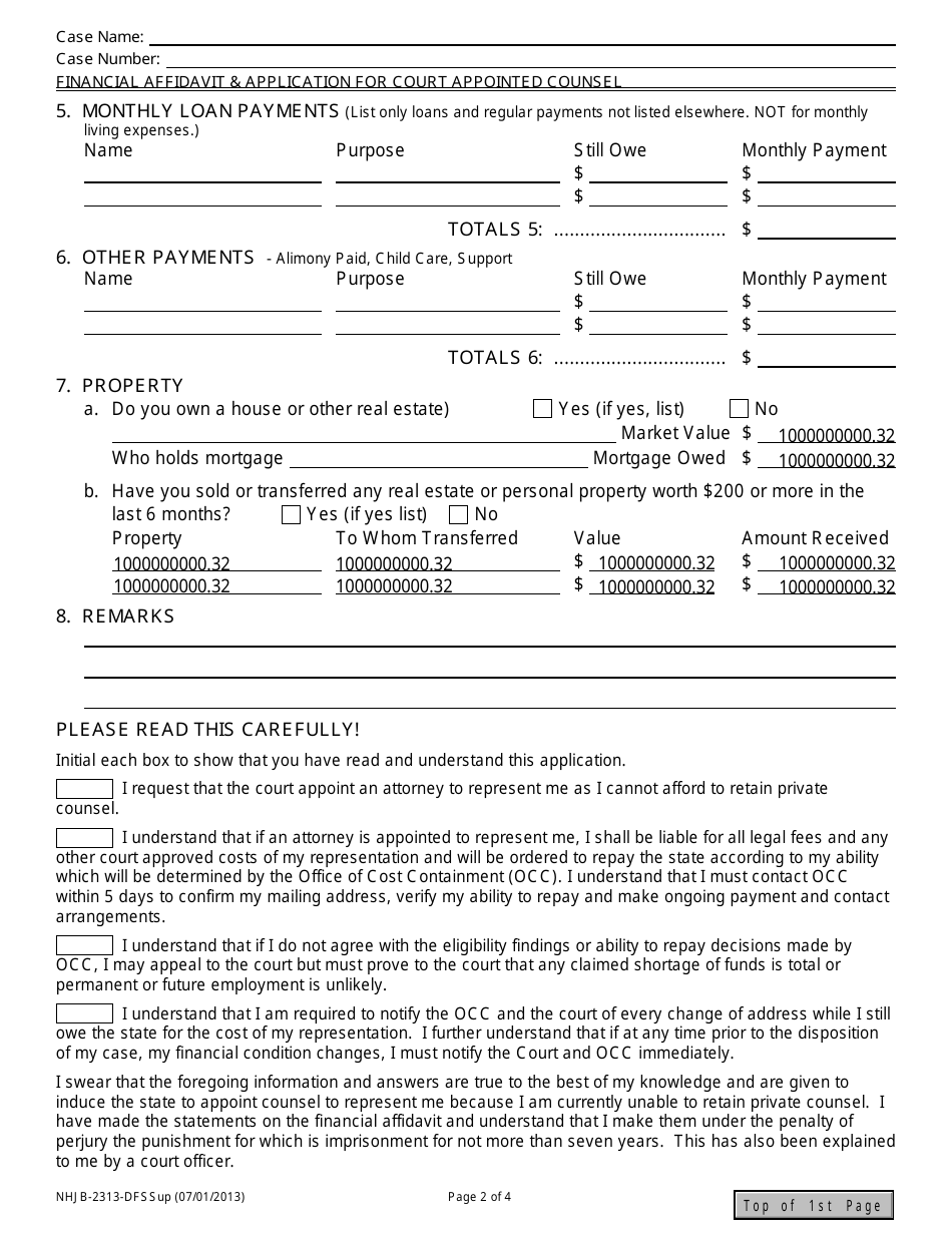 Form NHJB-2313-DF Financial Affidavit  Application for Court Appointed Counsel - New Hampshire, Page 2