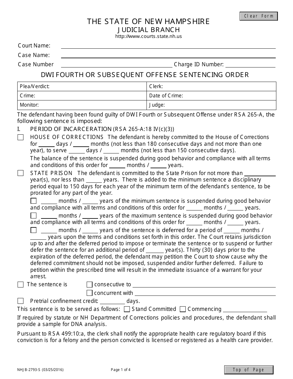 Form NHJB-2793-S Dwi Fourth or Subsequent Offense Sentencing Order - New Hampshire, Page 1