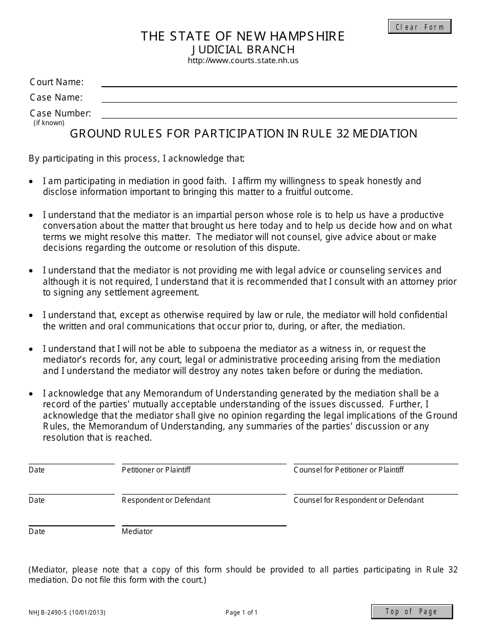 Form NHJB-2490-S Ground Rules for Participation in Rule 32 Mediation - New Hampshire, Page 1