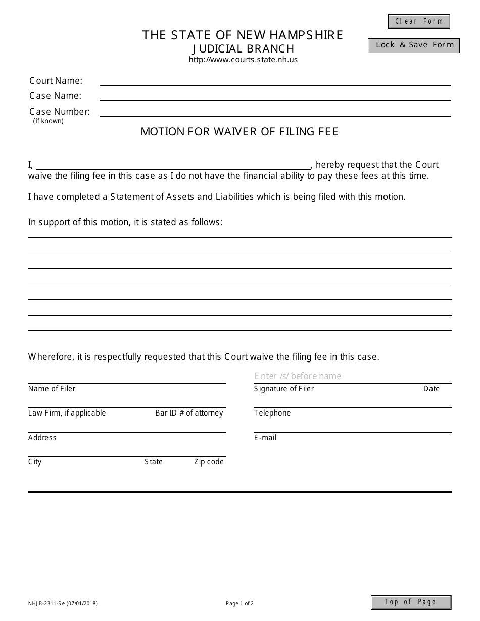 Form NHJB-2311-SE Motion for Waiver of Filing Fee - New Hampshire, Page 1