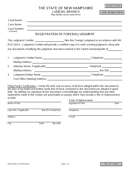 Form NHJB-4016-SE Registration of Foreign Judgment - New Hampshire