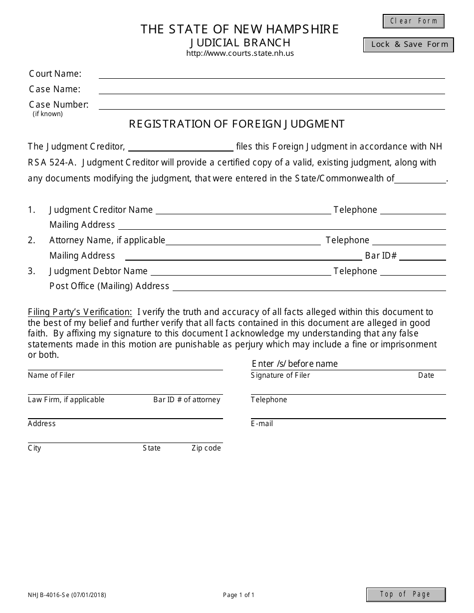 Form NHJB-4016-SE Registration of Foreign Judgment - New Hampshire, Page 1