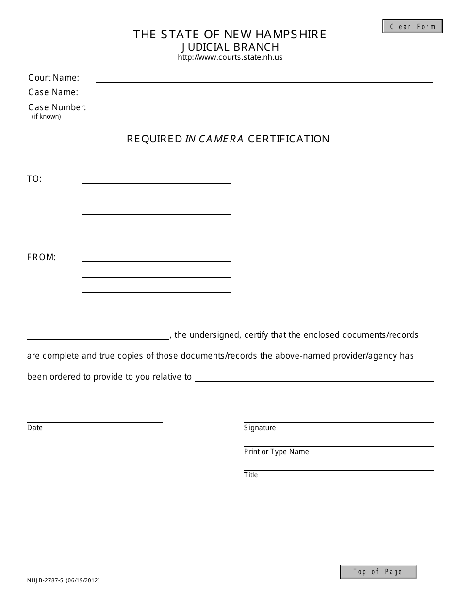 Form NHJB-2787-S Required in Camera Certification - New Hampshire, Page 1